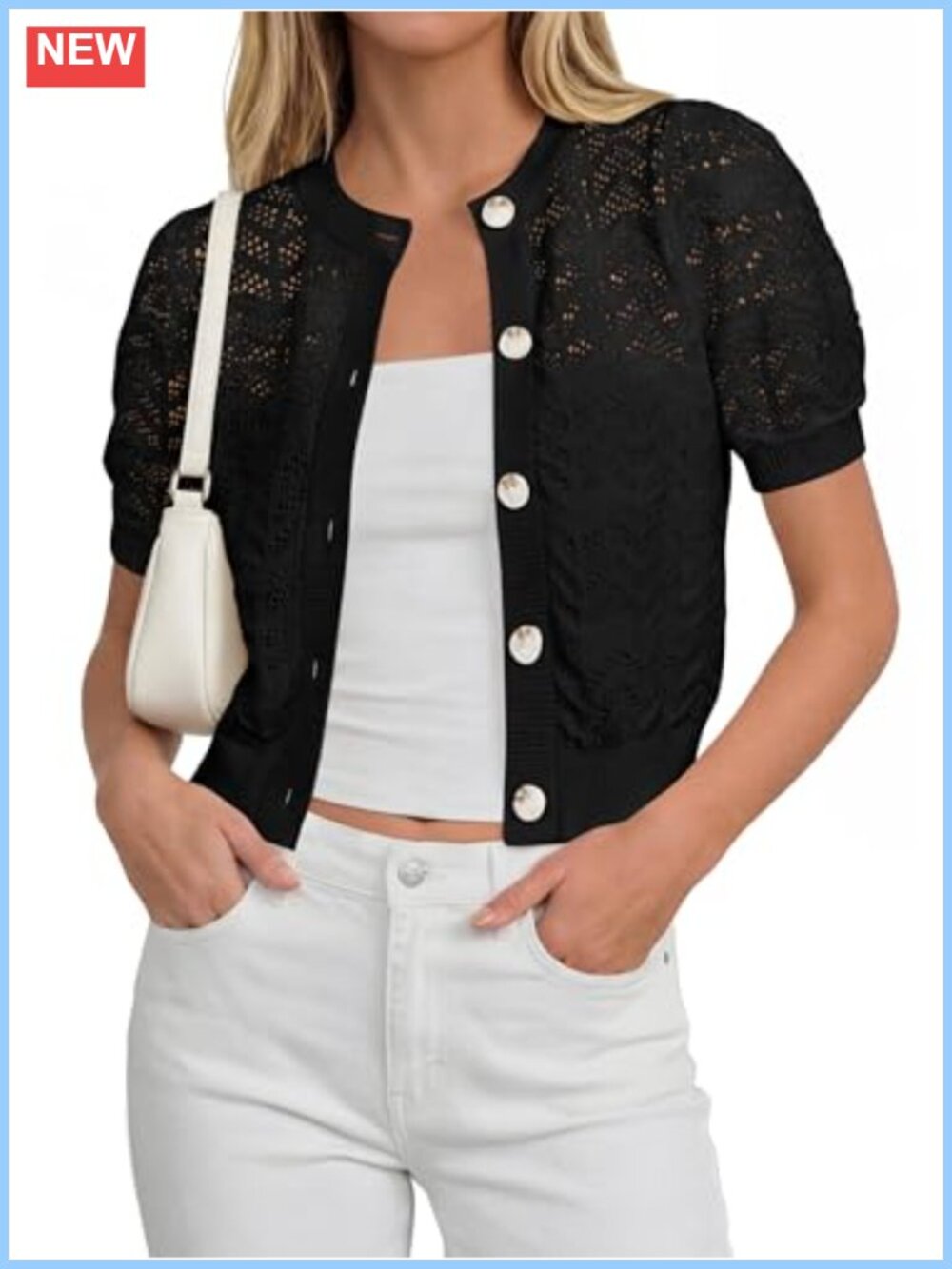 Crochet Short Sleeve Button Up Cardigan Sweater Puff Sleeve Summer Coverup